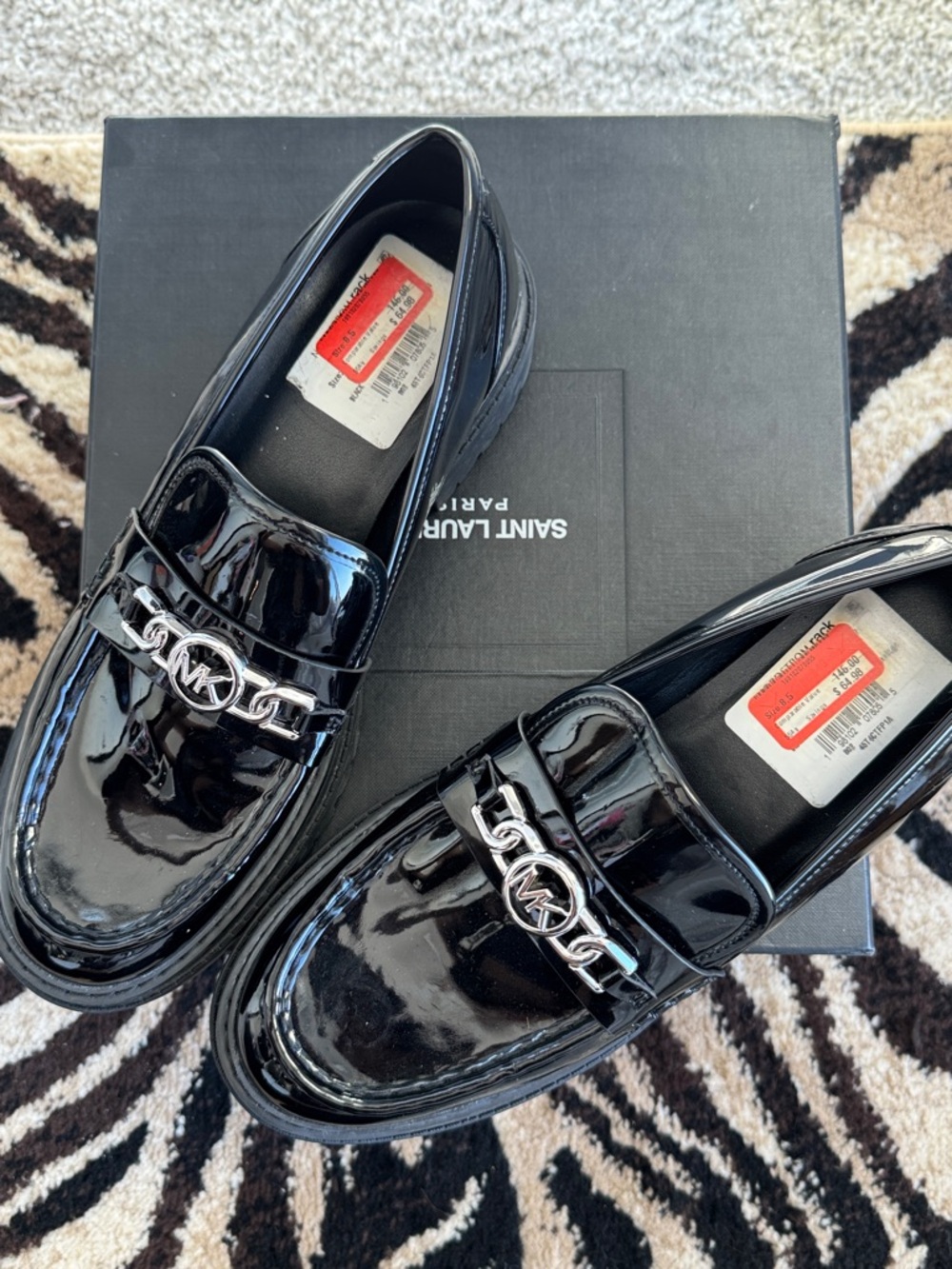 Michael Kors Black Patent Leather Loafers with Silver MK Chain